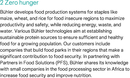 2 Zero hunger B hler develops food production systems for staples like maize, wheat, and rice for food insecure regio...