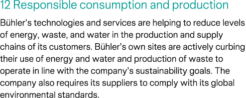 12 Responsible consumption and production B hler’s technologies and services are helping to reduce levels of energy, ...