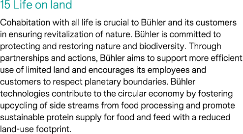 15 Life on land Cohabitation with all life is crucial to B hler and its customers in ensuring revitalization of natur...